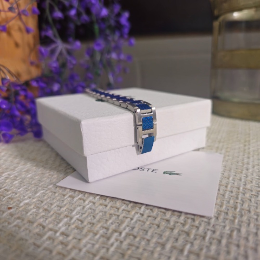 Lacoste Two Tone Blue Silver Woven Link Bracelet Stainless Steel 9in Unisex - Picture 3 of 5